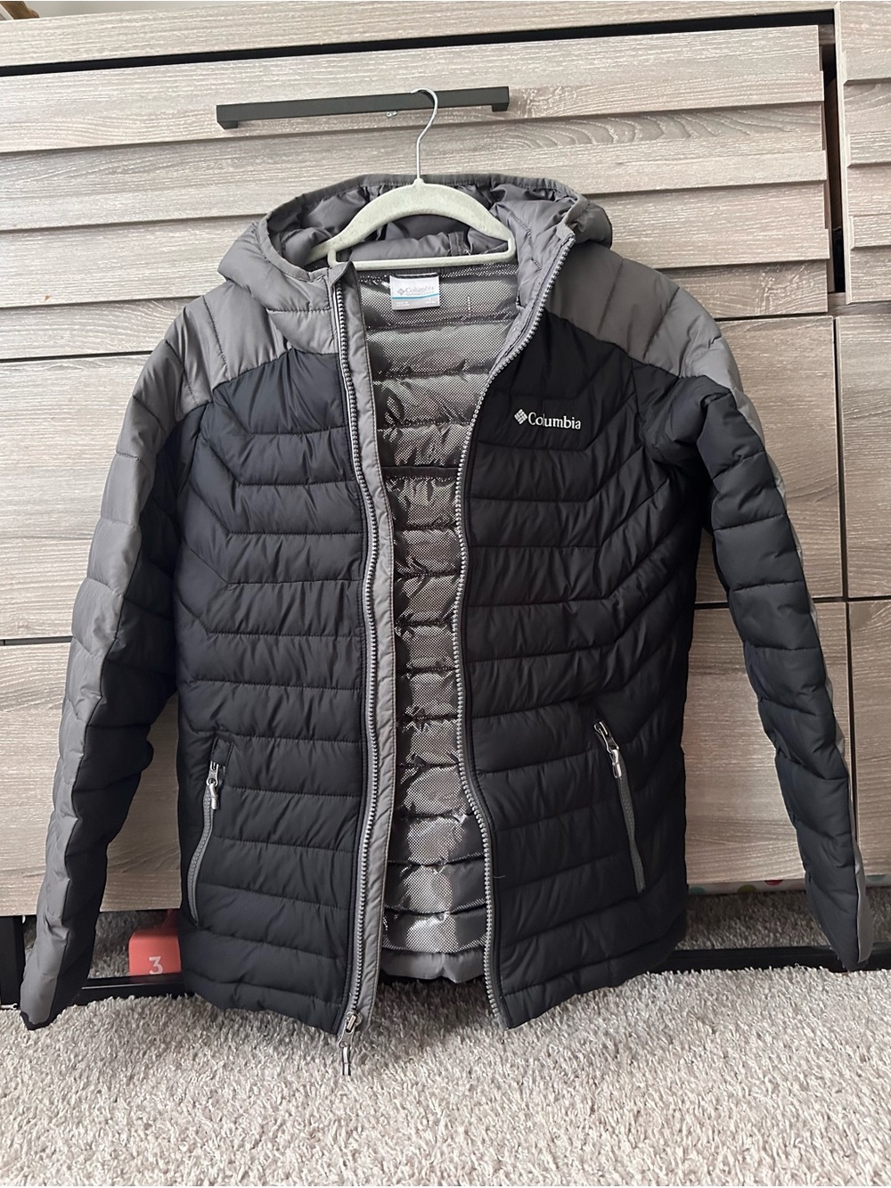 Columbia Black Puffer Jacket with Gray Lining Accent